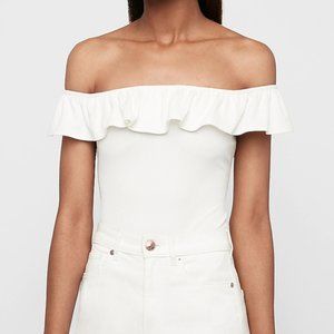 Express White Ruffled Off Shoulder Bodysuit, S